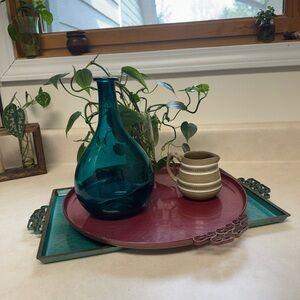 Vintage Mid-Century Kyes Enamel Moire Glaze Serving Trays Teal And Maroon